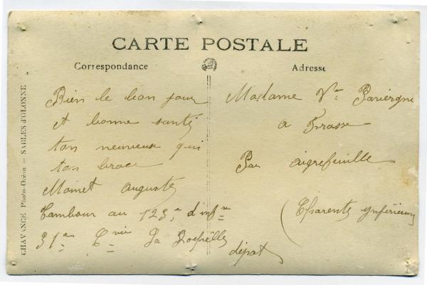 Moinet Auguste carte postale à sa tante Marie nodate Verso
