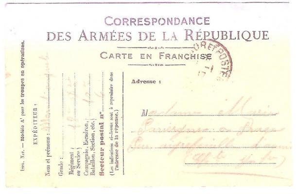 Moinet Auguste carte postale à sa tante Marie Recto 30 DEC 1914 LILI 2