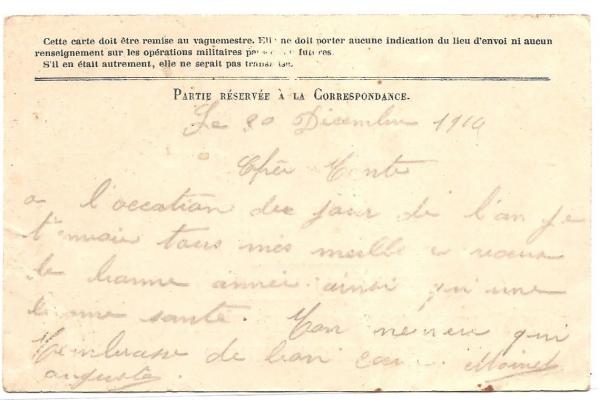 Moinet Auguste carte postale à sa tante Marie Verso 30 DEC 1914 LILI 2