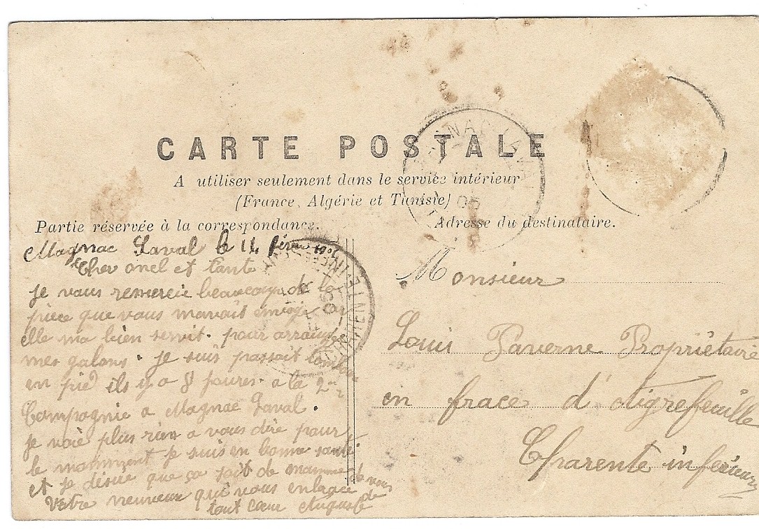 Moinet auguste carte postale a sa tante marie 14 fev 1905 verso maryse