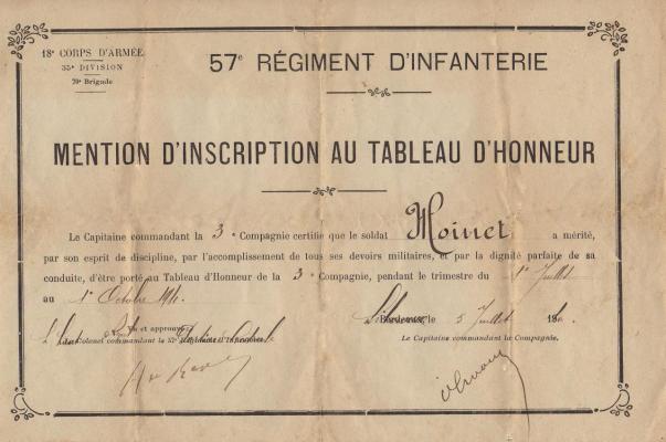 1910 Moinet Pierre Tableau d'honneur 5 Juillet 1910
