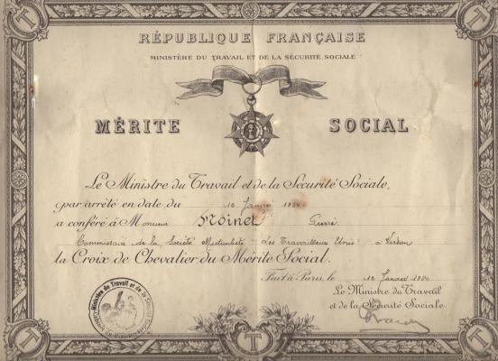 1954 Mérite social MOINET PIERRE VRSON 1954