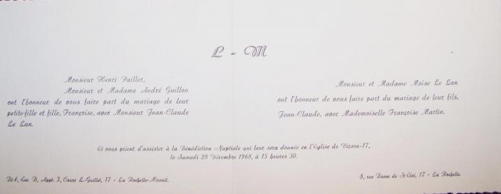 1968 A Mariage Francoise et Jean Claude Lelan faire part