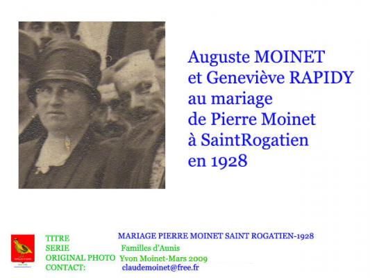 98 MOINET AUGUSTE GENEVIEVE RAPIDY MARIAGE P MOINET ST ROGATIEN 1928