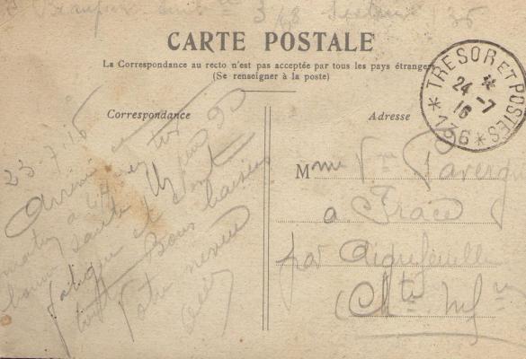 Carte de Beaupeux à sa tante Marie à Frace Paris 23 7 1916 VERSO